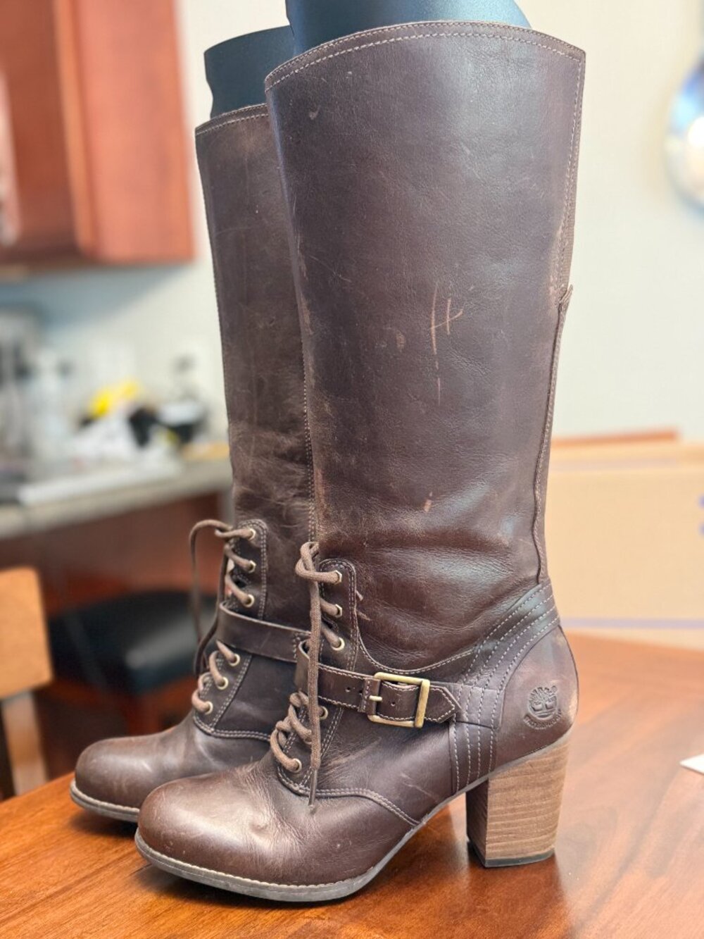 Timberland Womens 8.5 Brown Leather Knee High Boots Moto Boho Lace Up Y2K 4549